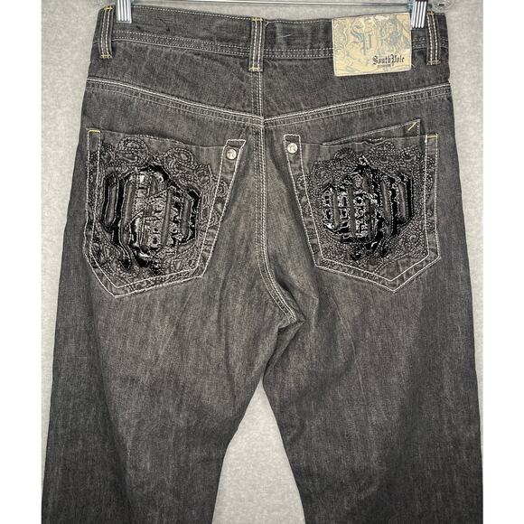 Southpole Premium jeans Y2K Embroidered pocket black denim hip hop wide leg 34 - Picture 2 of 12